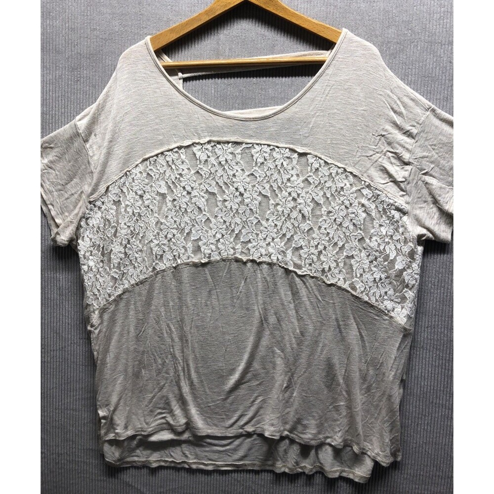 Olivia’s Moon Tee Womens 2X Oatmeal Lace Oversized Lagenlook Boho Romantic